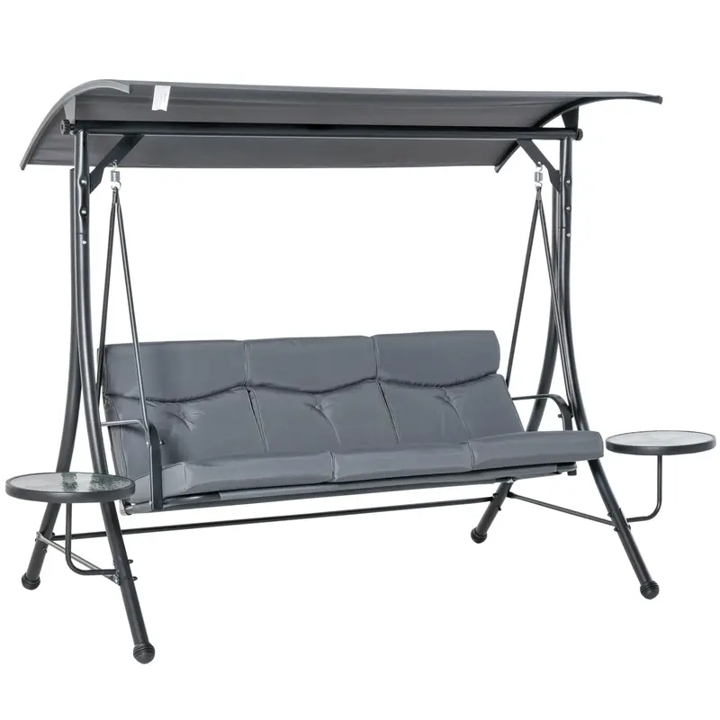 3 Seater Patio Swing with Canopy, Outdoor Garden Swing Chair with Cushions & Side Tables, Adjustable Sunshade, Steel Frame Porch Swing Grey