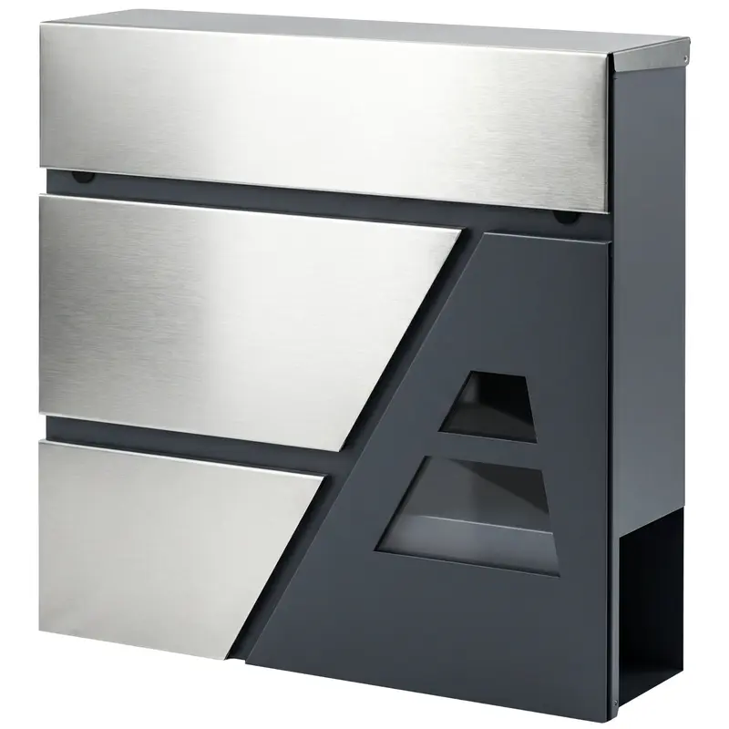 Wall Mailbox, Weatherproof Quiet-Close Outdoor Mailbox with Newspaper Holder and 2 Keys, 14.6 x 3.9 x 14.6 in (37 x 10 x 37 cm), Dark Gray