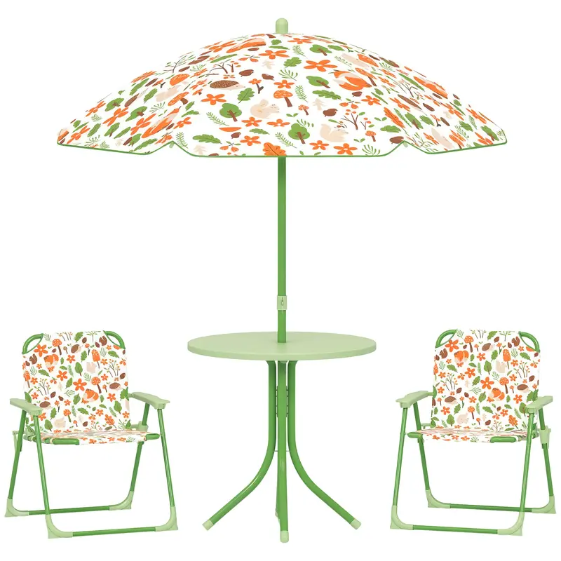 Children's Garden Table and Chairs Set 4-Piece Kids Table with Folding Chairs Adjustable Umbrella Fox Design for Patio Picnic Green
