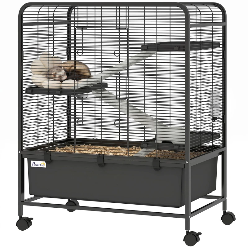 4-Tier Steel Small Animal Cage with Platforms, Ramps & Wheels — Water Bottle, Bowl & Removable Tray, 29.5 x 18.1 x 37.2 in, Black (suitable for hamsters, guinea pigs, ferrets)