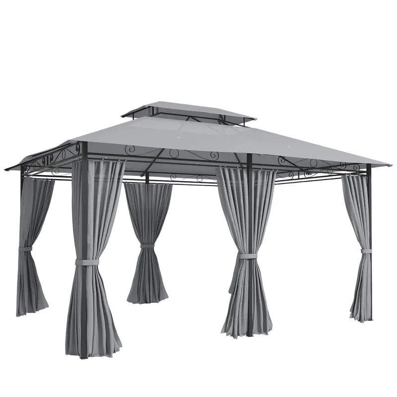 Gazebo 4 x 3 m (13 x 10 ft) — Water-Resistant, Sturdy Metal Pavilion with Double Roof and 6 Side Panels, Dark Gray