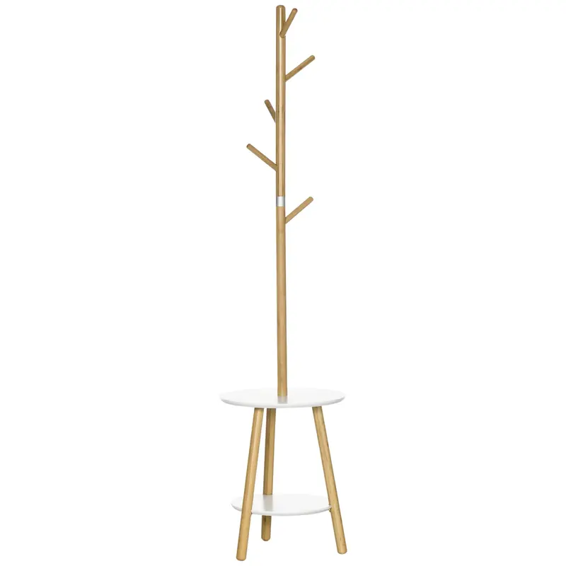 2-in-1 Bamboo Coat Stand Tree with 2 Shelves 5 Hooks for Clothes Bags and Aluminum Frame for Entryway Bedroom 39.5x39.5x171 cm Natural