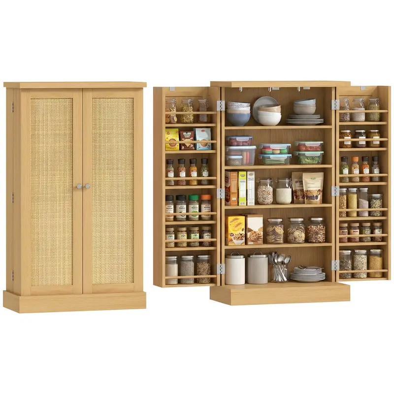 40.9" Kitchen Pantry Cabinet – Rattan Doors, 5-Tier Shelving, 12 Spice Slots & Adjustable Shelves, Natural