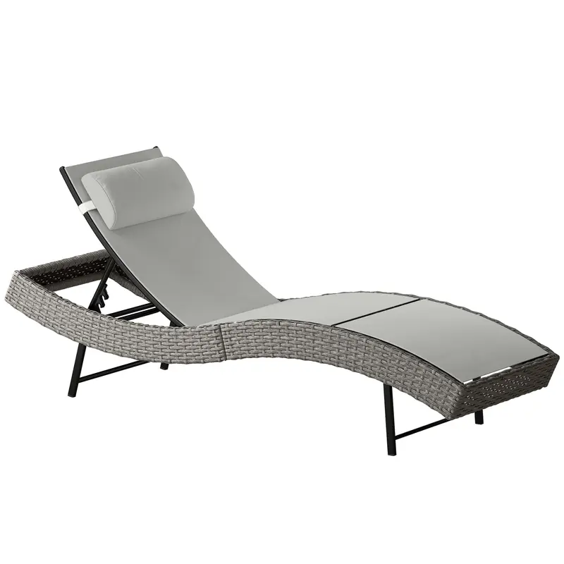 Transat Outsunny en rotin synthétique (PE) en S — Dossier 5 positions avec appui-tête, assise respirante résistante aux UV — Gris clair
