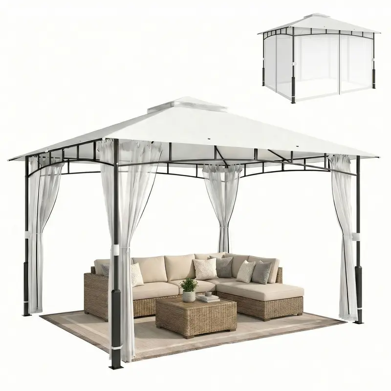Gazebo Garden Pavilion with Mosquito Net Curtains, Double Roof, UPF50+ Water-Resistant Canopy, Wood-Effect Posts, 3.6 x 3m, Black