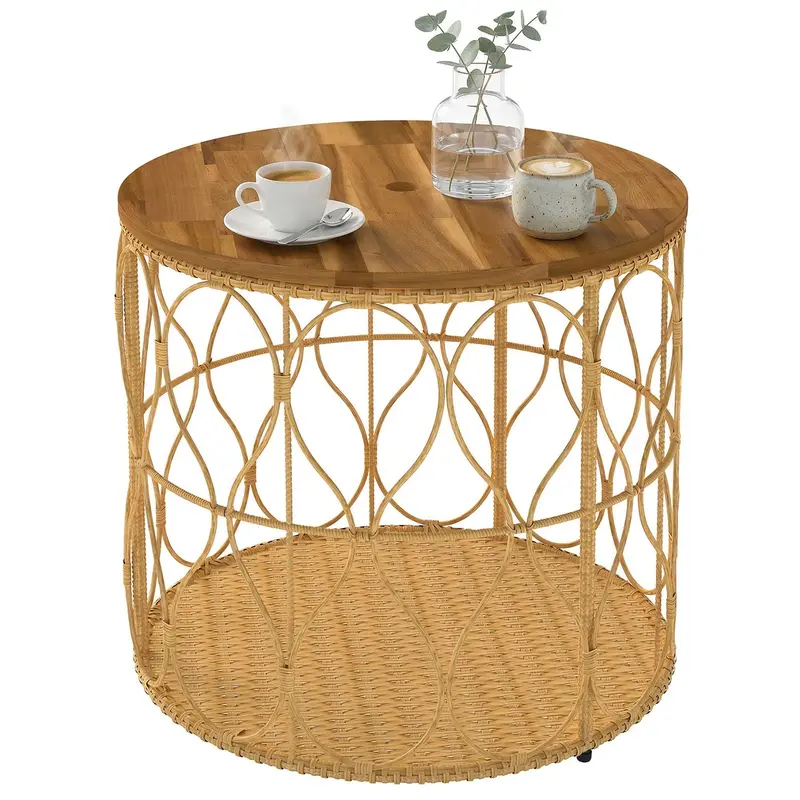Table d'appoint Outsunny, ronde Ø50 cm, résistante aux intempéries, aspect rotin, plateau en acacia, pieds réglables, capacité 80 kg, table bistrot pour jardin, terrasse, balcon — Teck