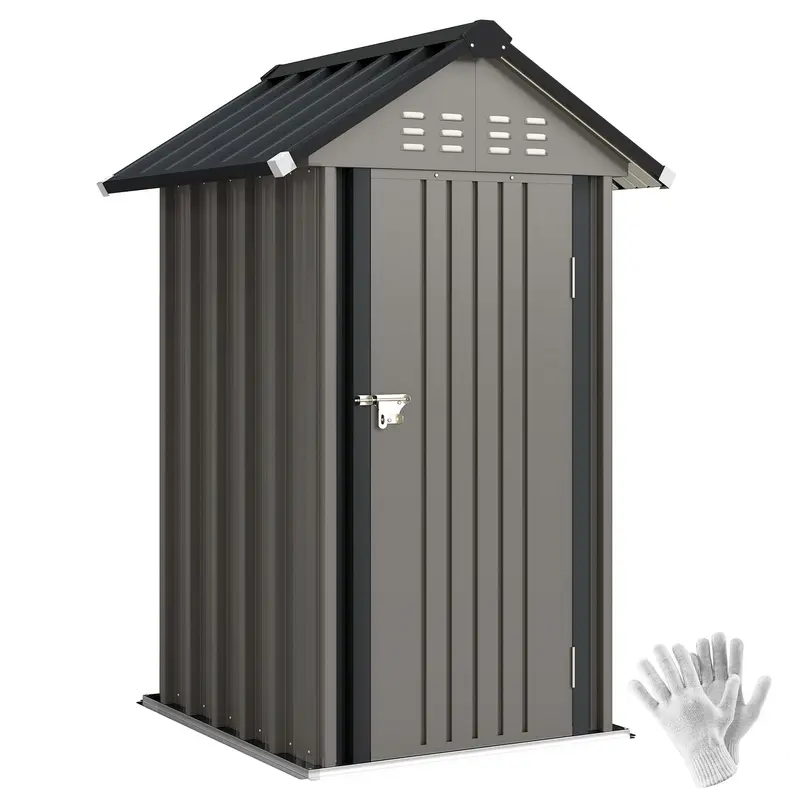 Galvanized Metal Garden Shed, 1.17 m2 (12.6 ft2) – Ventilated, Lockable Storage with Gable Roof, Gloves Included, Light Gray