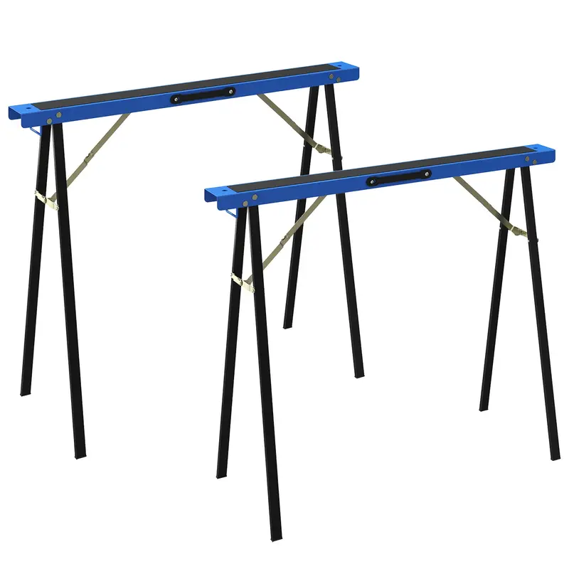 Set of 2 Folding Metal Work Sawhorses with EVA Anti-Slip Top, Carry Handle – Space-Saving Sawhorses for Woodworking, 350 kg (772 lb) Capacity, Blue & Black
