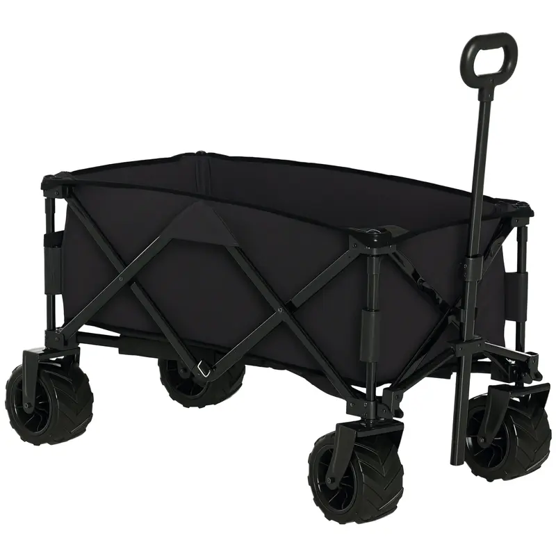 Large Wheeled Beach Cart with Brake, Foldable Garden Cart with Adjustable Handle Height, 360° Swivel Wheels, for Terrace, Patio, Camping, Outdoor Shopping, Black