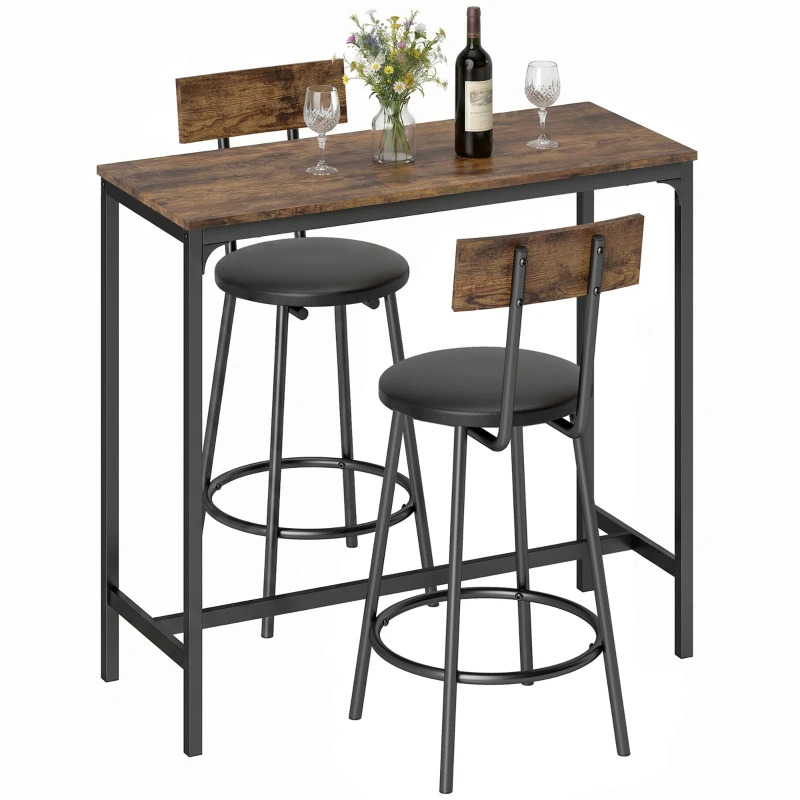Rustic Brown Bar Table Set with 2 PU-Padded Stools — Space-Saving High Dining Table with Footrests for Kitchen, Dining Room