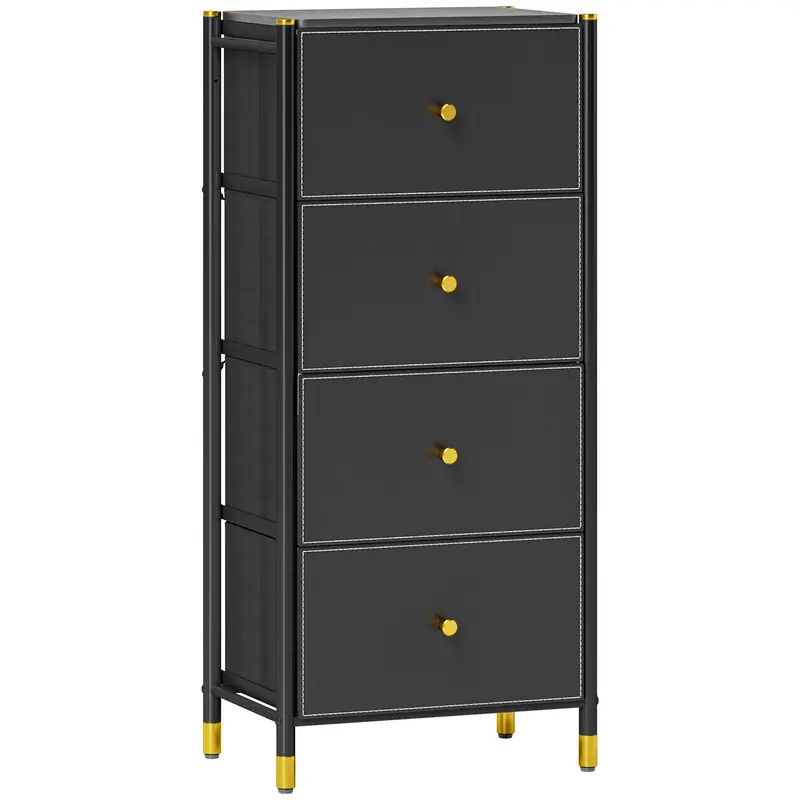 HOMCOM Commode en Tissu avec 4 Tiroirs Pliables en Cuir PU et Cadre en Acier pour Chambre et Salon Noir
