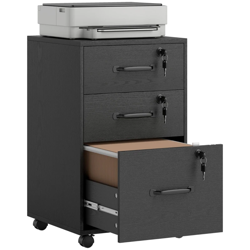 Mobile File Cabinet with 3 Lockable Drawers, Rolling Pedestal for A4/Letter Hanging Files and Printer Stand, Black