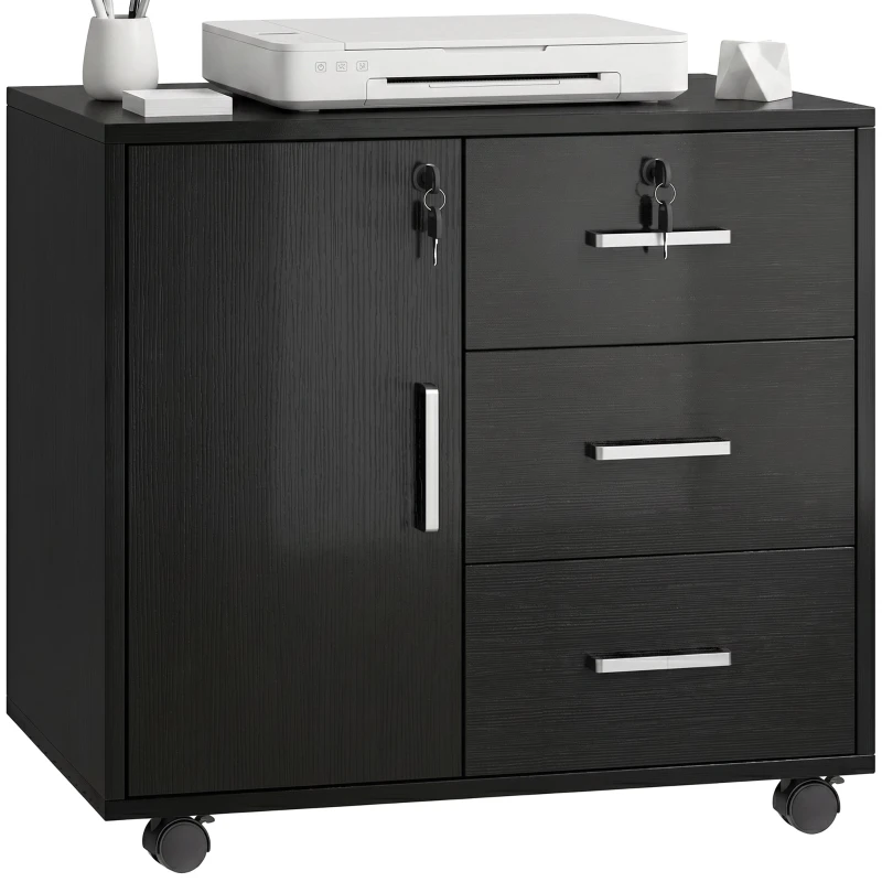 Printer Cabinet — 3 Lockable Drawers, Adjustable Shelf & Brake Casters, Multiuse Office File Cabinet, 23.6 x 15.7 x 22 in (60 x 40 x 56 cm), Black