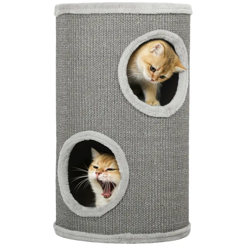 Barrel Cat Scratcher, 60 cm H x 35 cm ? – Two-Level Cat Tower with 2 Hideouts, Plush-Edged Scratcher for 1–2 Cats up to 5 kg, Light Gray