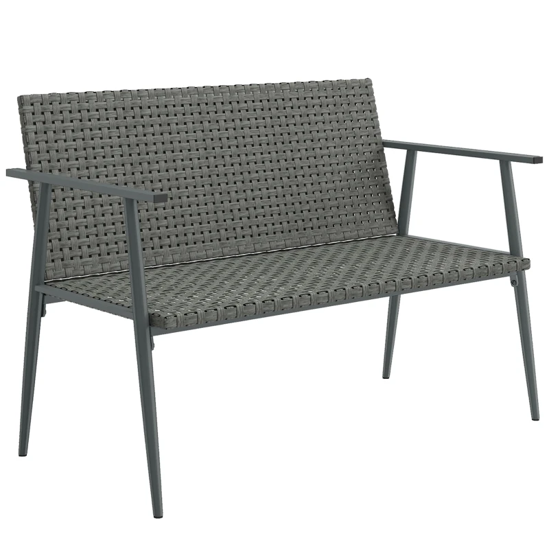 2-Seater Woven Resin Garden Bench with Armrests, Adjustable Feet & Galvanized Steel Frame — Grey