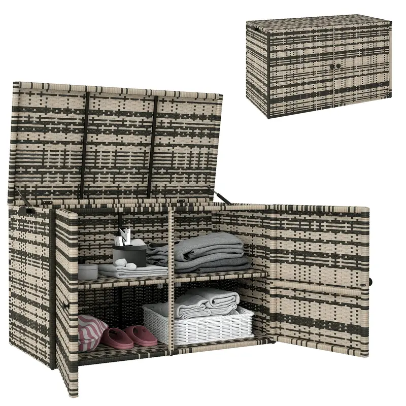Outsunny Rattan Polsterbox 350L 2-stufige witterungsbeständige Aufbewahrungsbox mit Deckel, Hebestangen und Traggriffen, UV-beständige Gartenbox für G