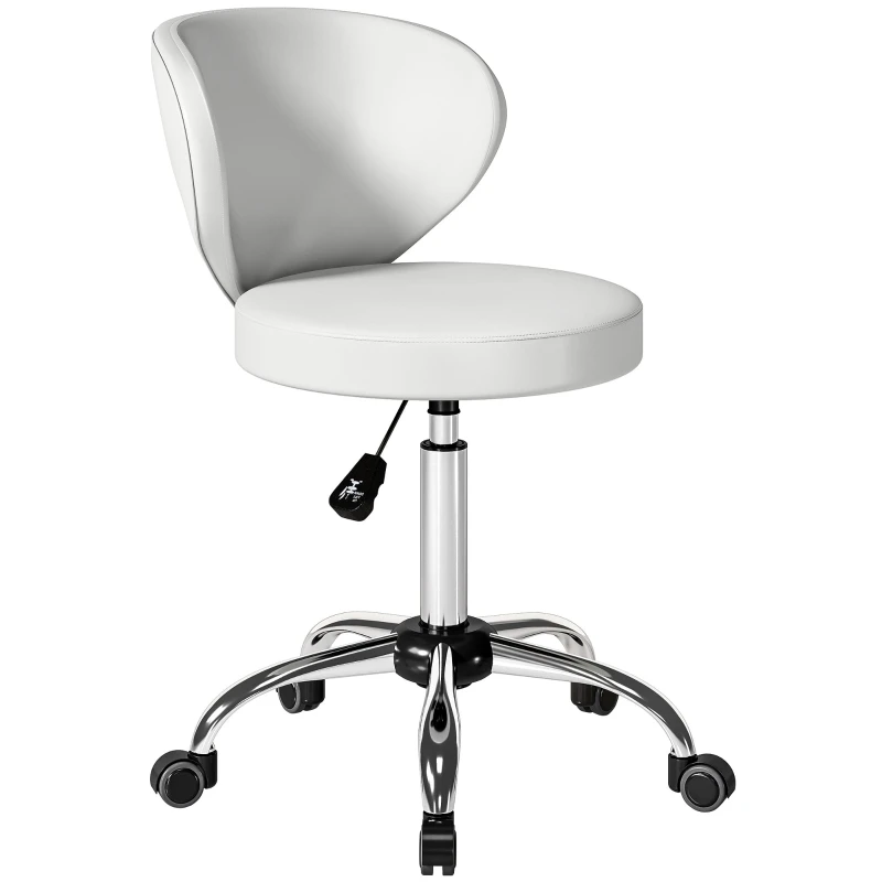 Rolling PU Massage Stool with Backrest, Height Adjustable 28.7–34.6 in, 360° Swivel, Steel Frame — White