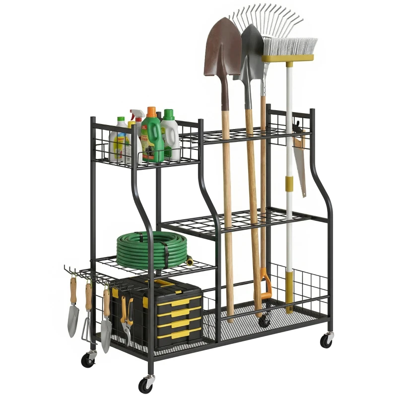 3-Tier Steel Garden Tool Organizer, 74 Slots, 11 Hooks, 4 Wheels, for Shovels & Rakes, Black