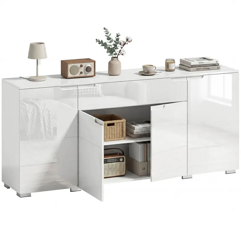 High-Gloss Sideboard — Modern 4-Door Buffet Cabinet with Adjustable Shelves & Soft-Close Doors, White
