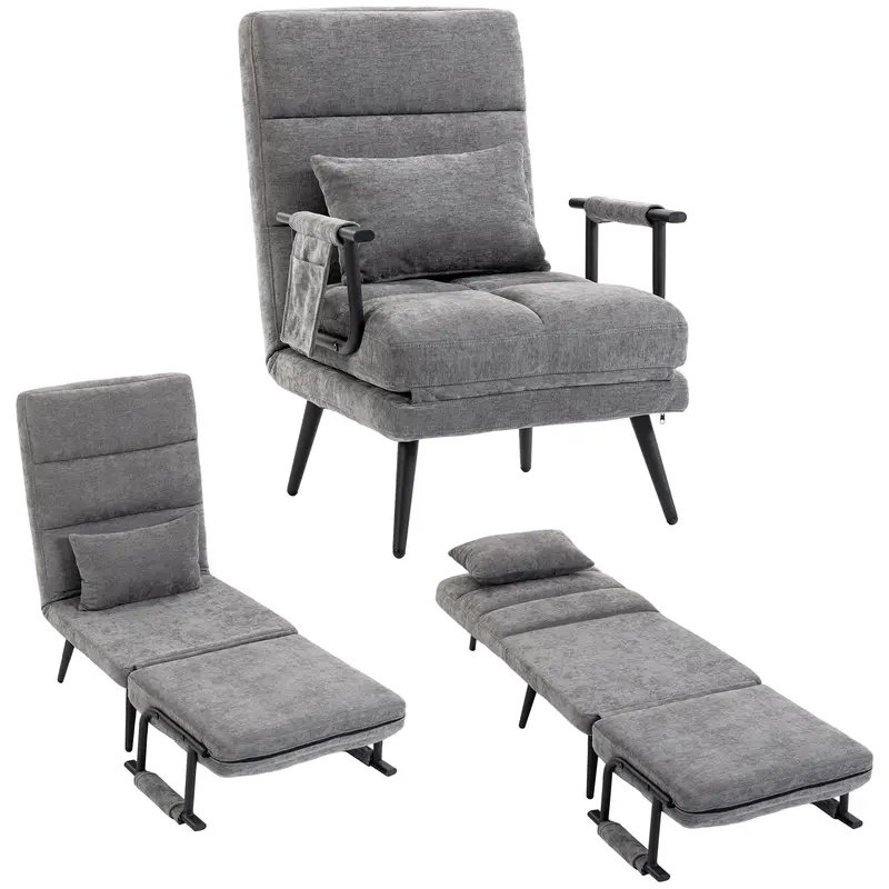 Sleeper Chair — 3-in-1 Foldable Chenille Chair with Click-Clack Backrest, Metal Frame & Pillow, Gray