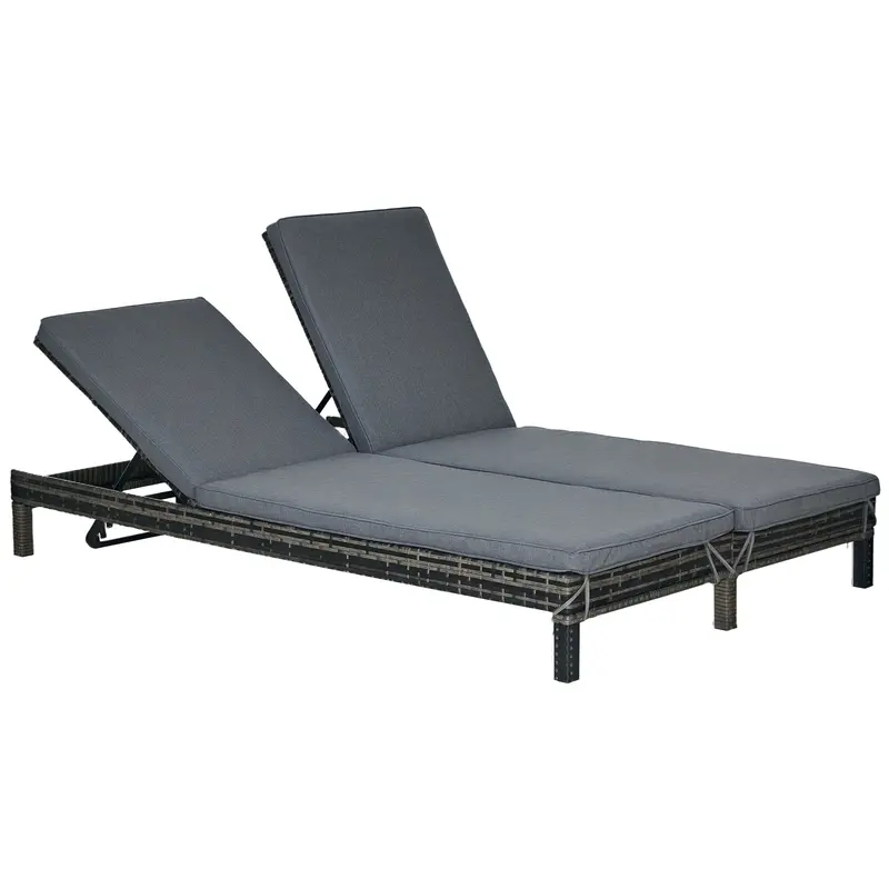 Transat Double Poly Rattan Outsunny - Relaxation de Jardin pour 2 Personnes - Transat Luxe avec Dossier à 5 Niveaux - Métal et Rattan PE Gris 196 x 120 x 28 cm