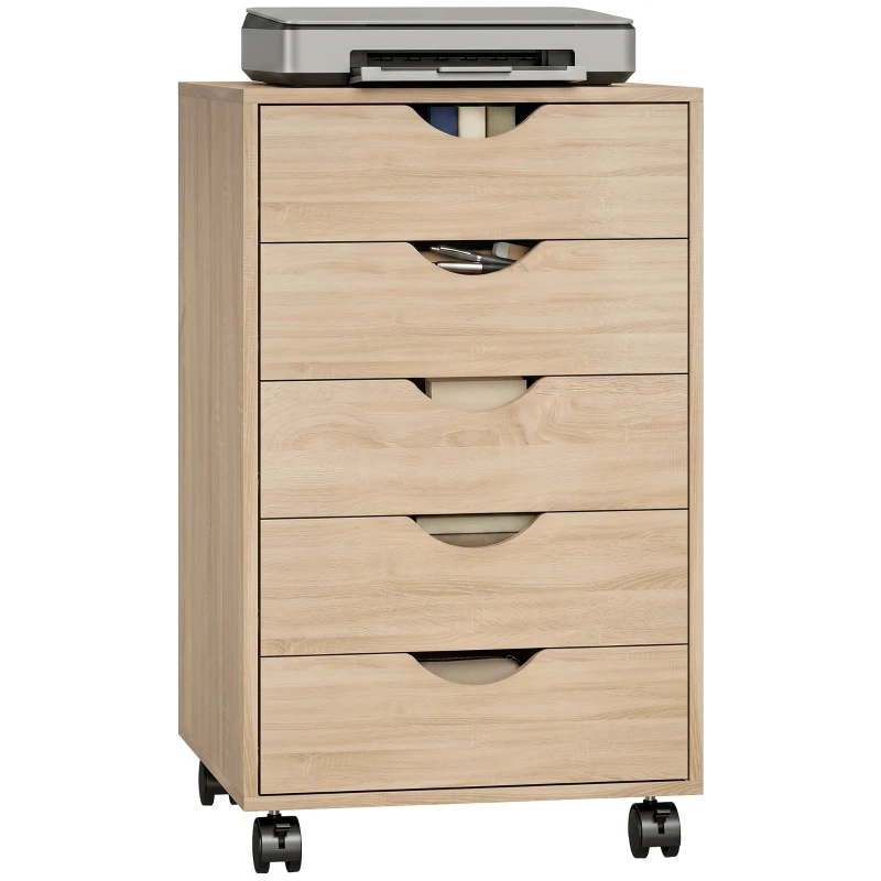 Mobile Pedestal with 5 Drawers, Rolling Office Storage for Documents & Printer, Compact Cabinet, 15.7 x 15.7 x 26.4 in, Oak