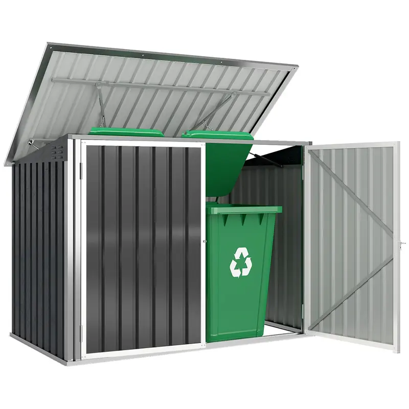 Double Trash Bin Storage Shed — Galvanized Steel, Gas-Strut Hinged Lid & Lockable Double Doors, Dark Gray, 70.7×42.5×44.5–51 in