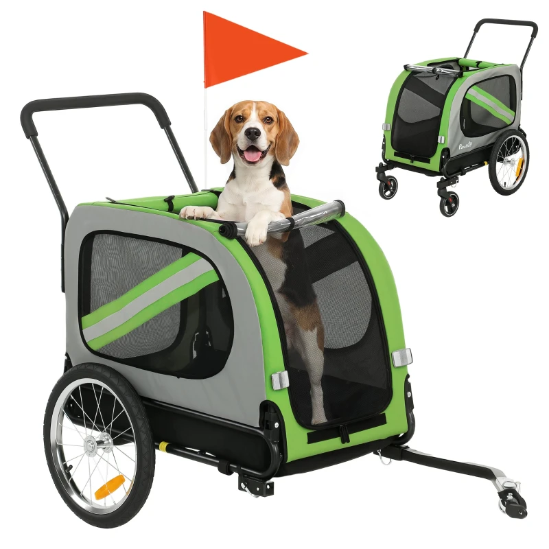 2-in-1 Dog Bike Trailer & Stroller for Medium Dogs and Cats, Foldable, Safety Leash, Flag & Reflectors, 44 lb Capacity, Green