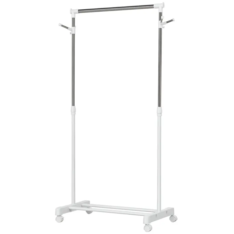 Standard Garment Rack with Adjustable Height Bar and Bottom Shelf on Wheels Stainless Steel Pipe 68.5x42x87-145 cm White Silver