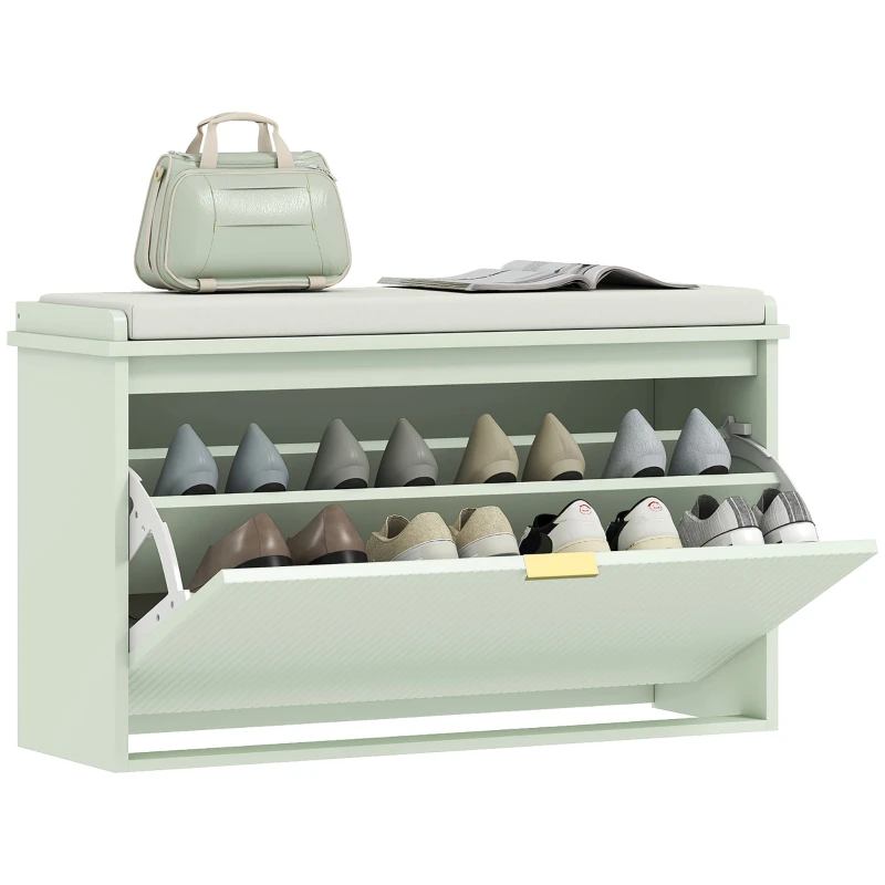 Shoe Bench with Padded Seat & Flip Drawer — Entryway Storage Bench, 31.5 x 10.2 x 18.7 in, Green