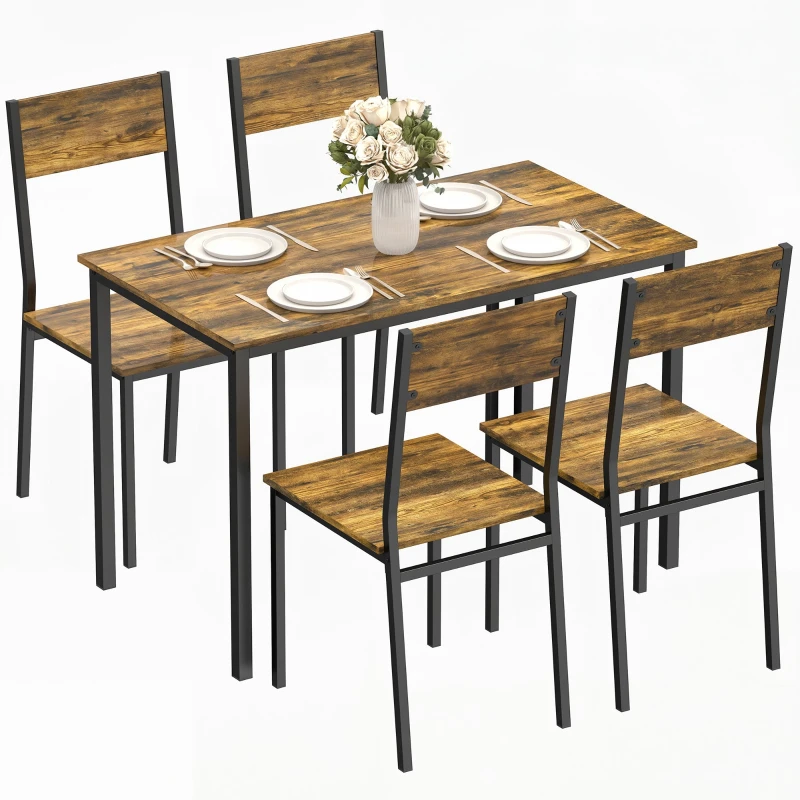 5-Piece Industrial Dining Set — Rustic Brown Rectangular Table (42.5" x 23.6") with 4 Chairs for Small Spaces