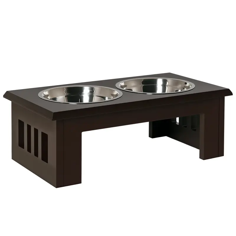 Distributeur d’alimentation pour chiens PawHut avec 2 bols, bol d'eau 2 x 2000ml, bols en acier inoxydable, station de repas pour chiens de taille moyenne et chats - Espresso