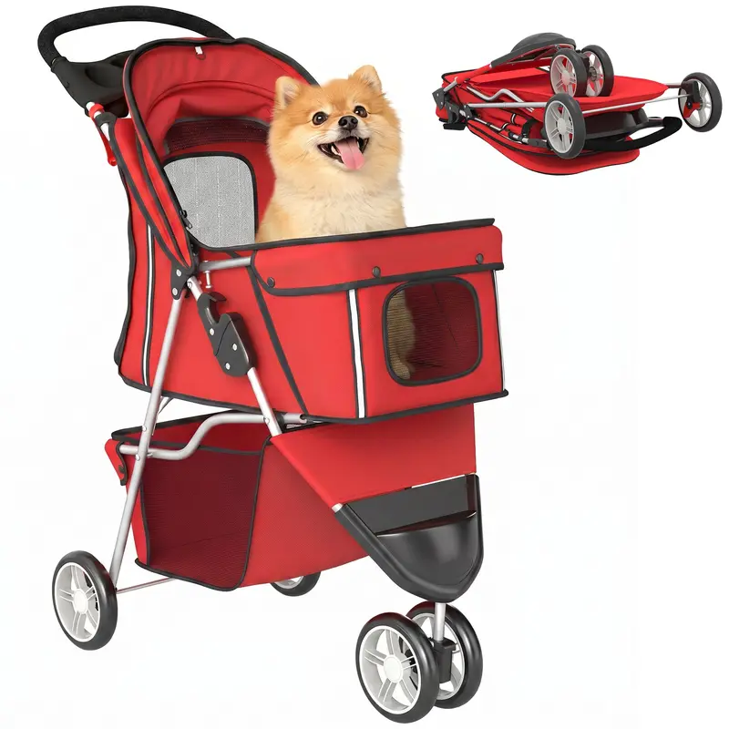 4-Wheel Dog Stroller, Foldable Cart with Brake, Adjustable Canopy, Storage Basket & Cup Holder, for Small Dogs & Senior Pets, 30.3 x 17.3 x 40.2 in, Red