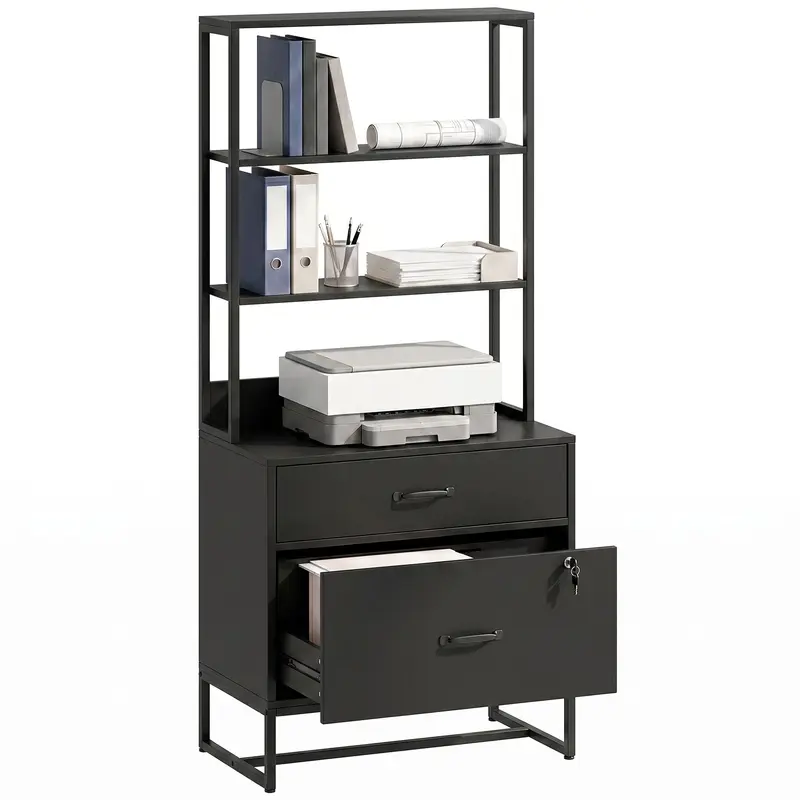 Filing Cabinet Office Storage with Bookshelf for A4, Letter & Legal Files, 2 Drawers, Printer Stand, Black