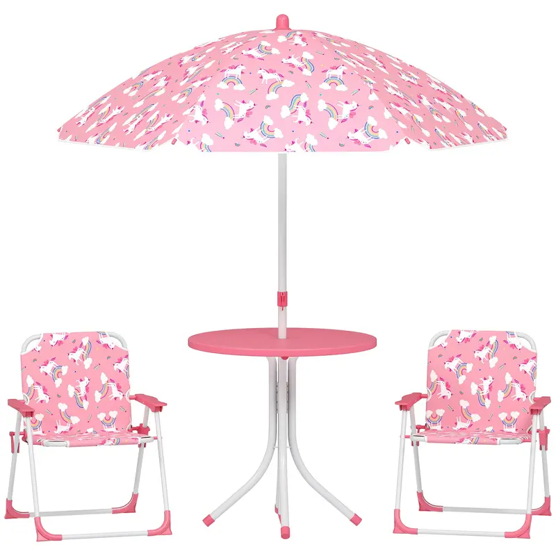 4-Piece Kids Garden Table & Chairs Set — Folding Chairs, Removable Umbrella, Unicorn & Rainbow, Pink