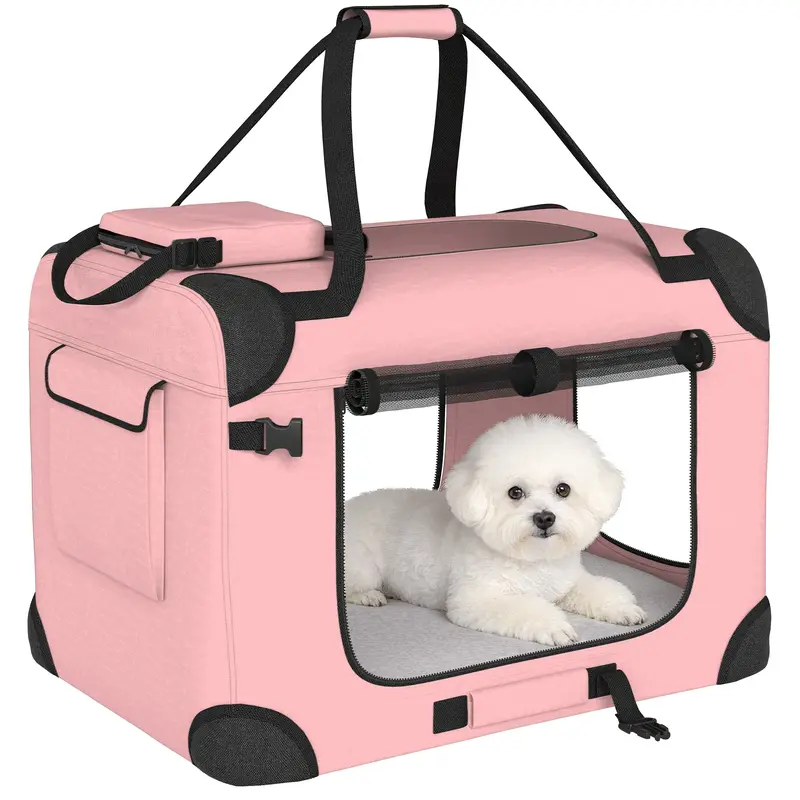 Transporteur pliable PawHut pour animaux, 60 x 41,5 x 41 cm, fenêtres en maille, coussin doux amovible, 2 poignées, sac de transport pour petits chiens et chats, rose