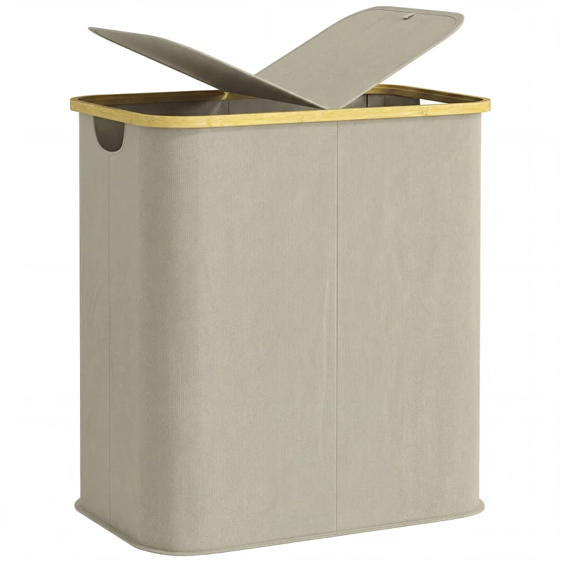 80L Double Folding Laundry Hamper with Lid, Recessed Handles, Bamboo Frame – Beige