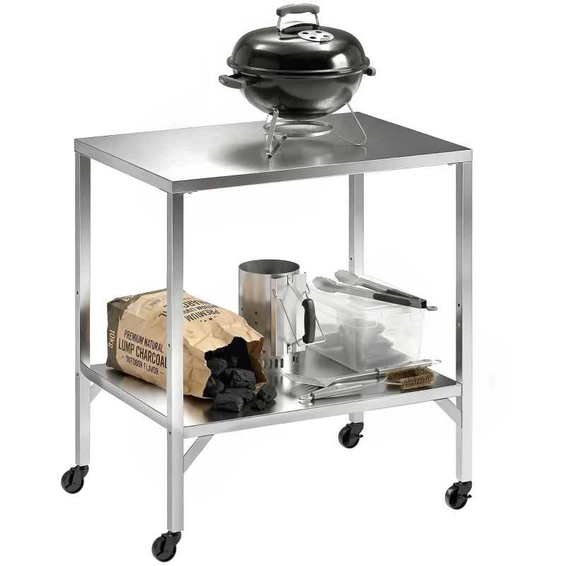Stainless Steel Barbecue Cart - 33.5 x 23.6 in (85 x 60 cm) Outdoor Prep Table with Worktop & Castors - Stable Garden Serving Trolley for Pizza Oven and Grill, Silver