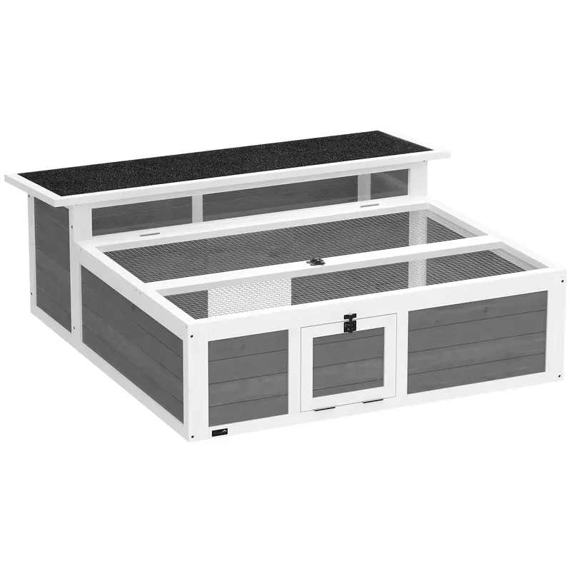 Turtle Habitat with Run — Wooden Enclosure with Clear Window, Top Opening and Multiple Doors, Garden House for Turtle or Rabbit, Dark Gray