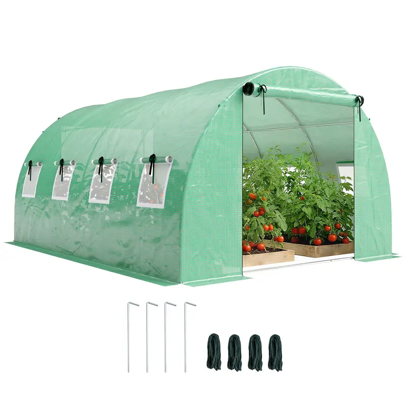 Tunnel Garden Greenhouse, approx. 129 sq ft (12 m2) — 295 × 400 × 200 cm (approx. 9 ft 8 in × 13 ft 1 in × 6 ft 7 in), Galvanized Steel Frame, 2 Roll-Up Doors & 8 Mesh Windows, High-Density 140 gsm PE Cover — Green