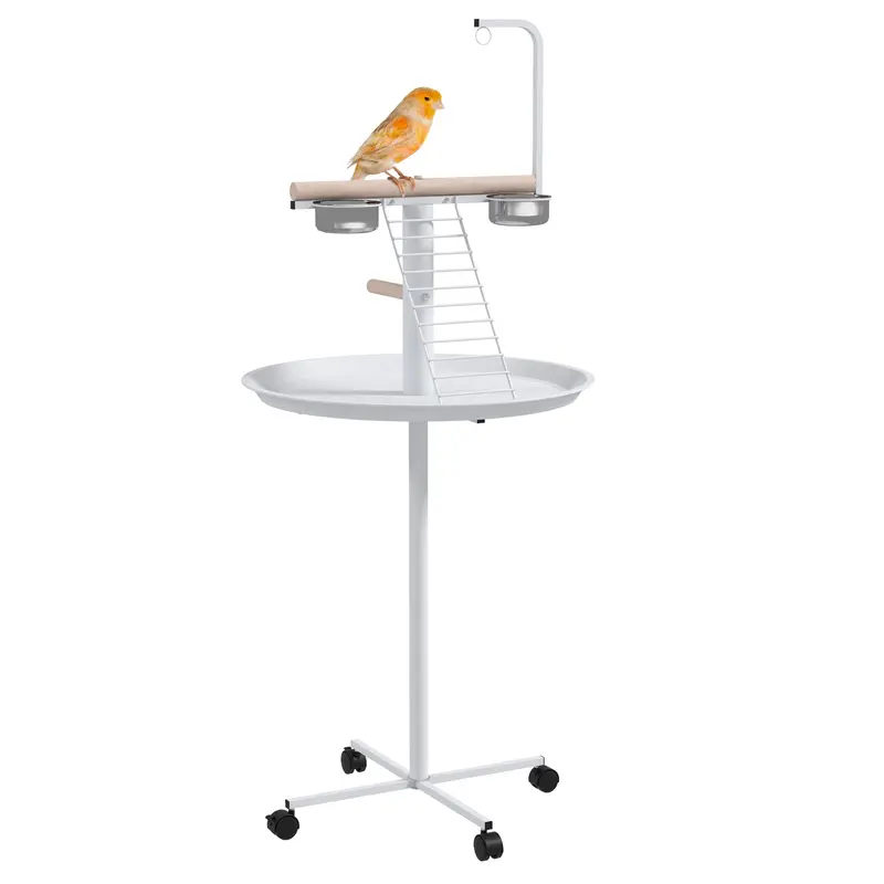 Parrot Playground with Feeding Station, Bird Feeding Station with Wheels, Perches, Bird Feeder with Ladder for Garden, Balcony, Steel, White
