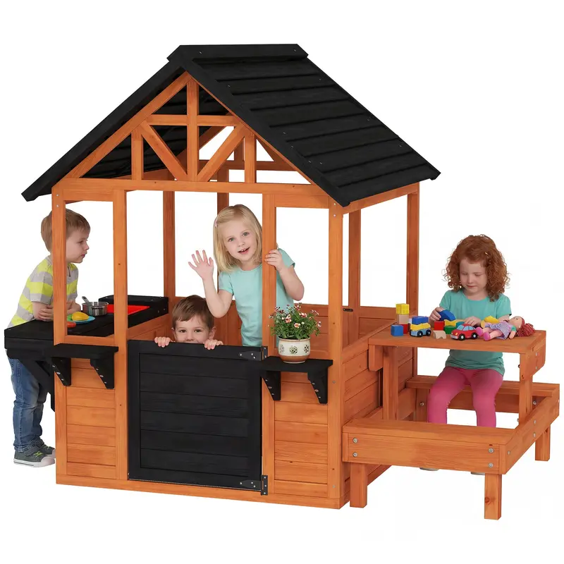 Kids Outdoor Wooden Playhouse, Garden Play House with Table, Benches, Sink, Snack Bar Window, Half Door & Flower Box Holders, Ages 3-8, Brown, 166.3 x 112.5 x 139.7 cm