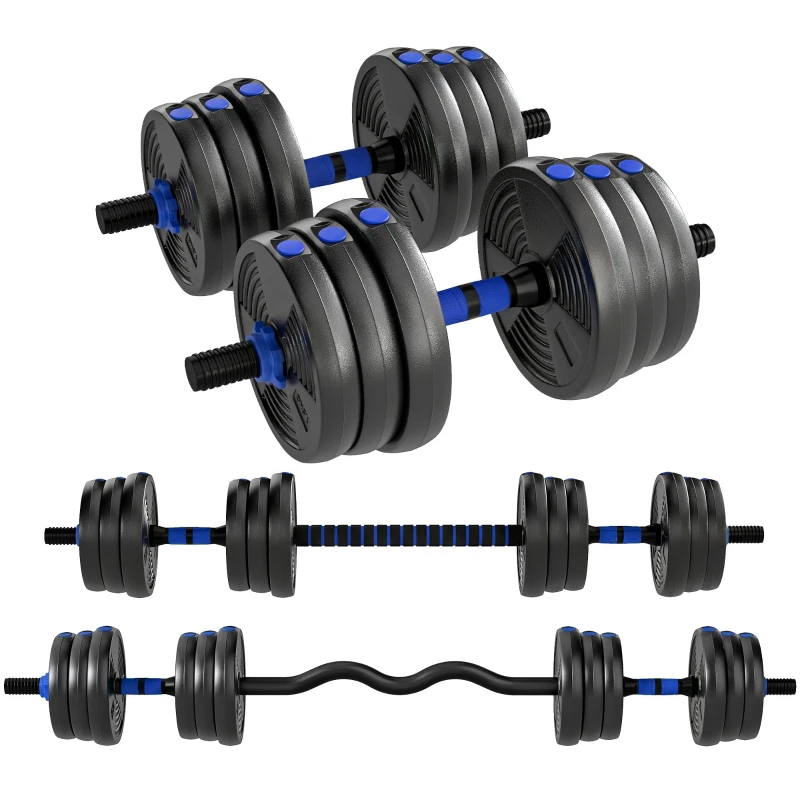 SPORTNOW 3-in-1 Adjustable Dumbbell Set 25 kg (55 lb) — Convertible Dumbbells, Straight Bar & EZ Curl Bar, Anti-Slip Handles, Plastic-Coated Sand-Filled Plates, Blue & Black