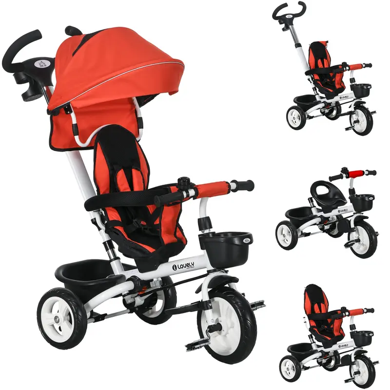 HOMCOM Tricycle Évolutif Pliable pour Bébés 2 en 1 pour Enfants de 12 à 60 Mois avec Canopy Pliable, Poignée Télescopique, Repose-pieds, Ceinture de Sécurité et Panier Rouge
