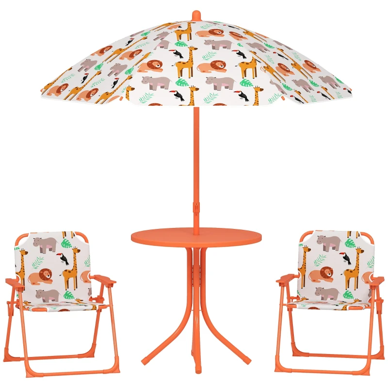Kids Outdoor Table Set, Kids Table with 2 Foldable Chairs and 39.4" Umbrella, Animal Print, Portable Outdoor Furniture Gift for Boys & Girls 2-5 yrs, Orange