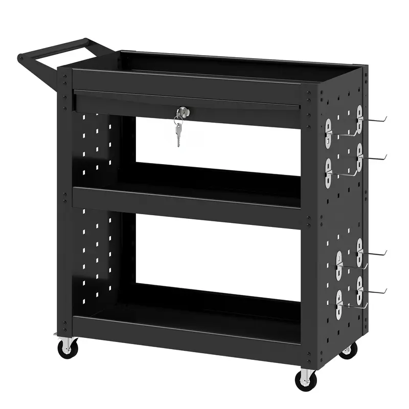 Tool Cart (Empty) – 3-Tier Workshop Trolley with Peg Panels & Lockable Drawer, Locking Casters, 198 lb Capacity, Black