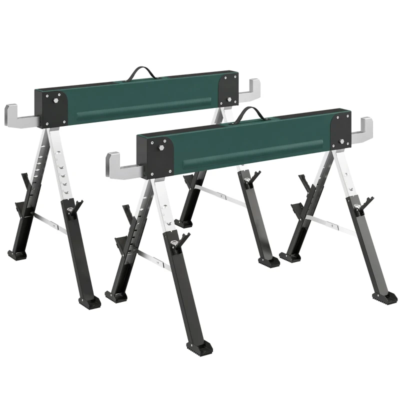 Set of 2 Folding Metal Sawhorses, 2,558 lb Total Capacity, Portable, Adjustable Height 25–32 in, Carry Handle, 2x6 Support, for DIY & Sawing, 45.7 x 25.2 x 31.9 in, Green
