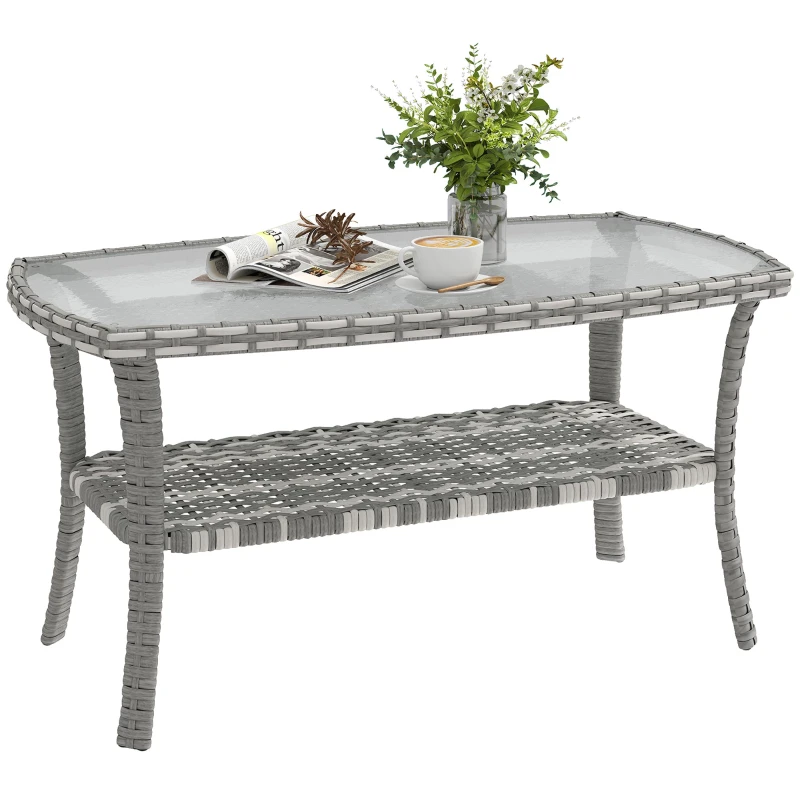 Outdoor Rattan Garden Side Table with Shelf — Rectangular Tempered Wavy Glass Top, 35.4 x 19.7 x 17.7 in (90 x 50 x 45 cm), Dark Gray