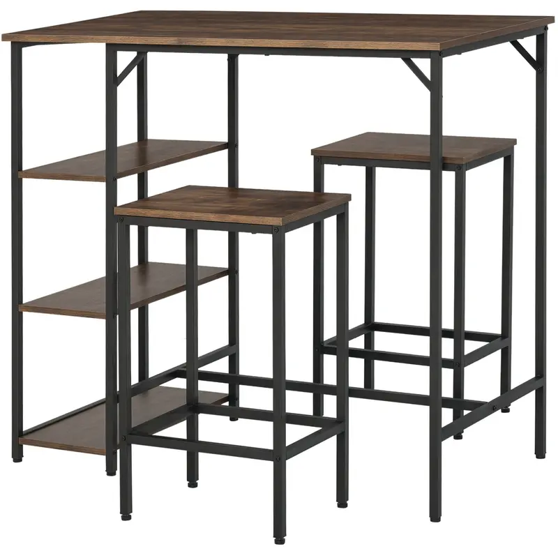 Bar Table and 2 Stools Set with Footrest and 3-Level Shelves Adjustable Pads for Kitchen Dining Room 109x60x100 cm Rustic Brown