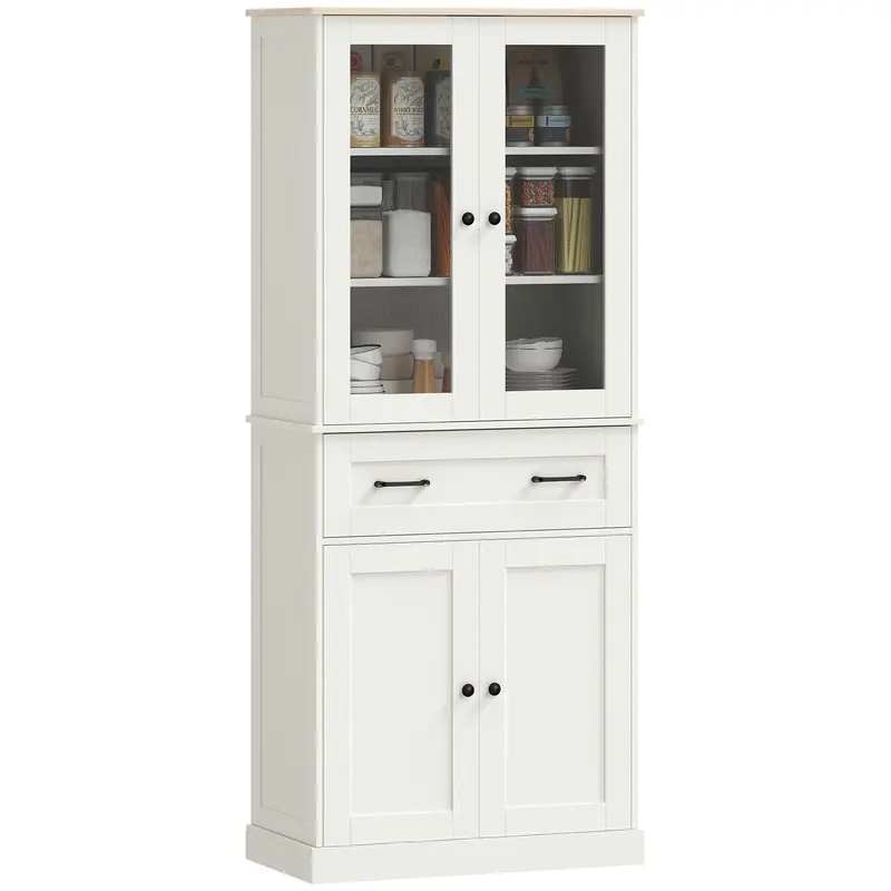 Kitchen Pantry Cabinet, Storage Cupboard with 2 Acrylic Doors, Large Drawer & Adjustable Shelves for Dining Room, 76 x 40 x 182.5 cm (29.9 x 15.7 x 71.9 in), Cream